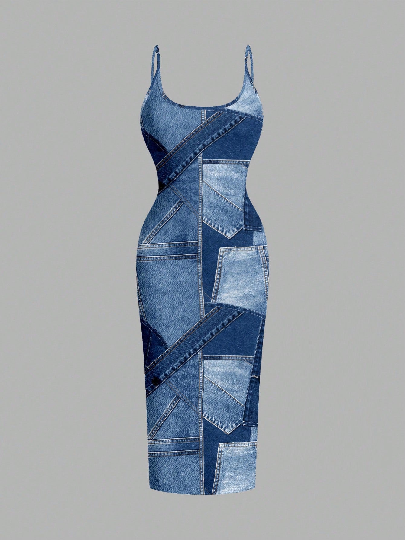 EZwear Casual Minimalist Bodycon Camisole Midi Dress,Light Blue,Summer,Punk,Night Out,Blue Color Block,Faux Fabric Texture Print,Coconutgirl,Music Festival