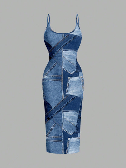 EZwear Casual Minimalist Bodycon Camisole Midi Dress,Light Blue,Summer,Punk,Night Out,Blue Color Block,Faux Fabric Texture Print,Coconutgirl,Music Festival