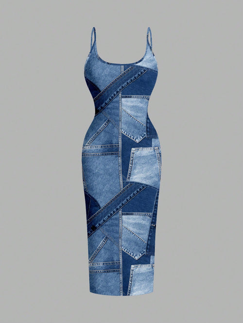 EZwear Casual Minimalist Bodycon Camisole Midi Dress,Light Blue,Summer,Punk,Night Out,Blue Color Block,Faux Fabric Texture Print,Coconutgirl,Music Festival