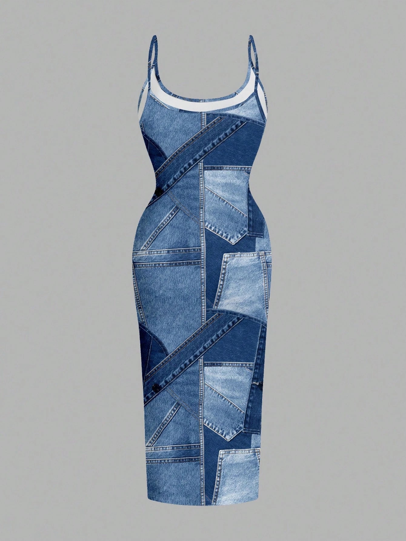 EZwear Casual Minimalist Bodycon Camisole Midi Dress,Light Blue,Summer,Punk,Night Out,Blue Color Block,Faux Fabric Texture Print,Coconutgirl,Music Festival