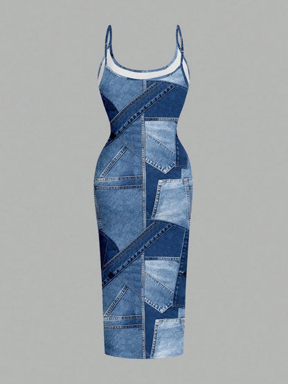 EZwear Casual Minimalist Bodycon Camisole Midi Dress,Light Blue,Summer,Punk,Night Out,Blue Color Block,Faux Fabric Texture Print,Coconutgirl,Music Festival