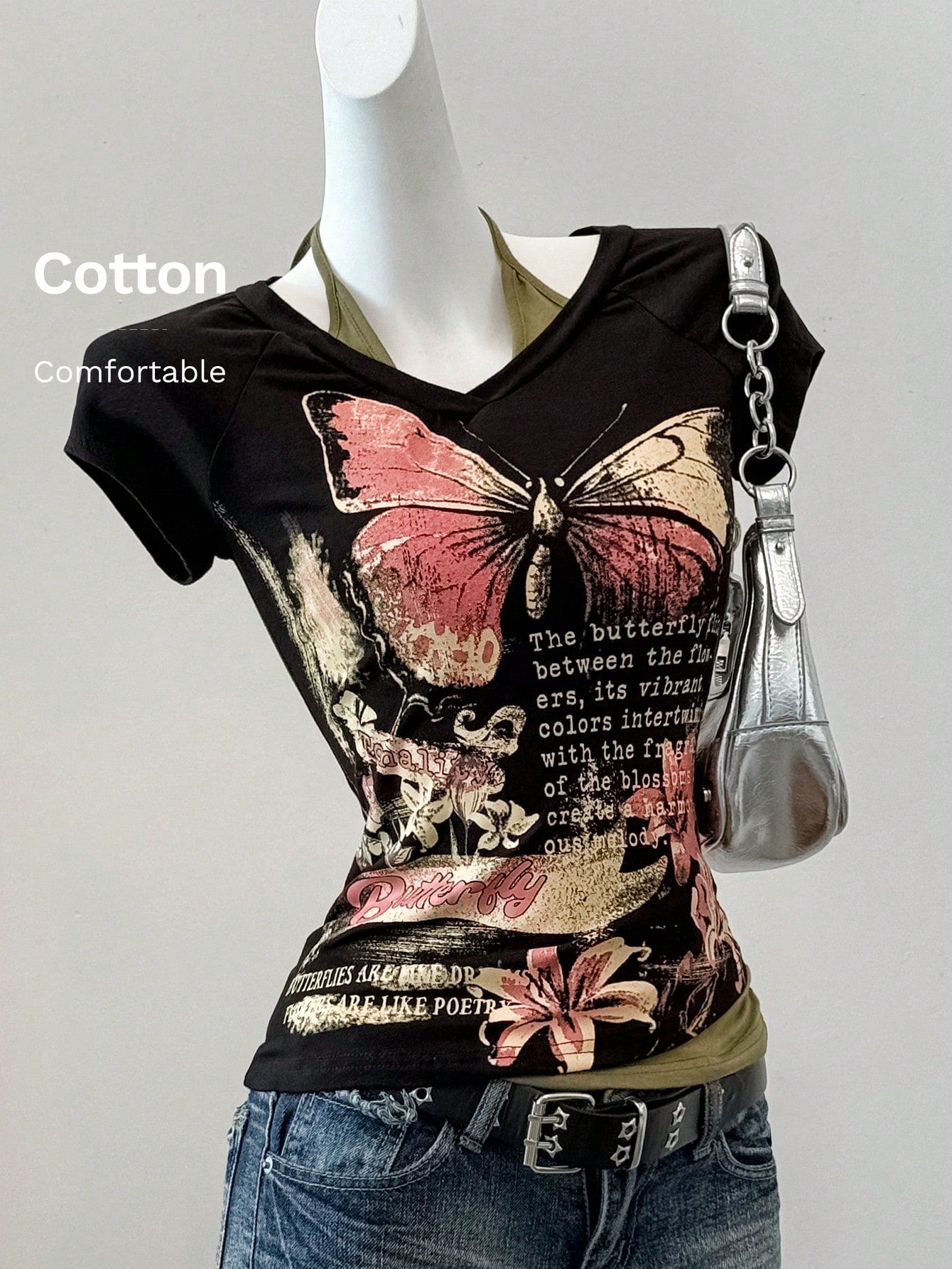 EZwear Grunge Goth Summer Western Vintage Butterfly Slogan Print Top