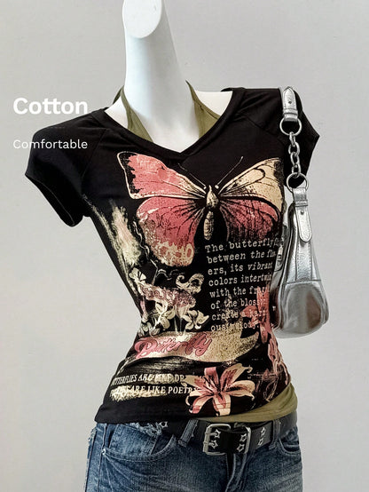 EZwear Grunge Goth Summer Western Vintage Butterfly Slogan Print Top