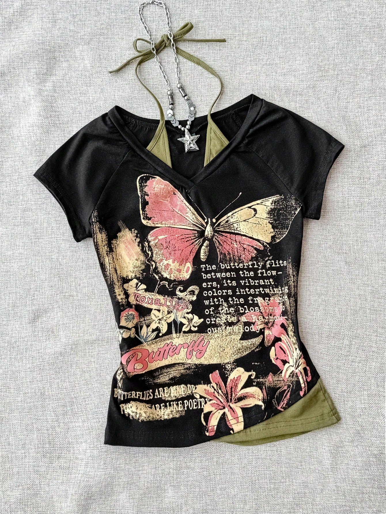 EZwear Grunge Goth Summer Western Vintage Butterfly Slogan Print Top