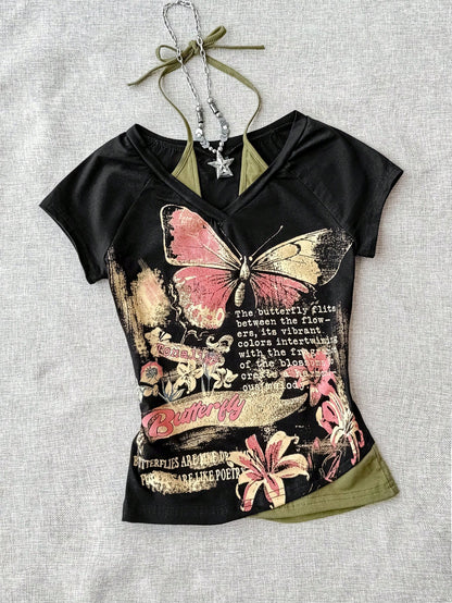 EZwear Grunge Goth Summer Western Vintage Butterfly Slogan Print Top