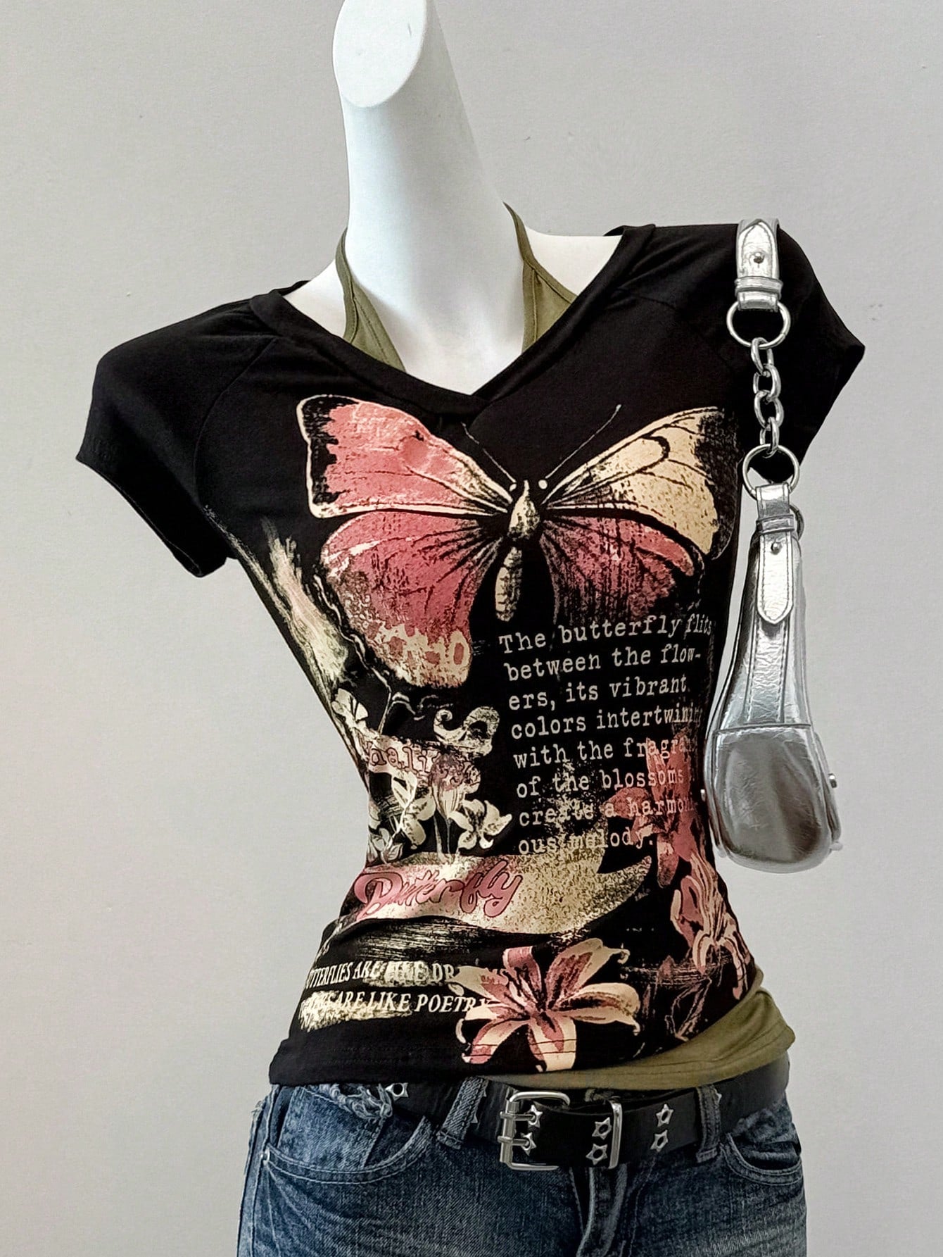 EZwear Grunge Goth Summer Western Vintage Butterfly Slogan Print Top