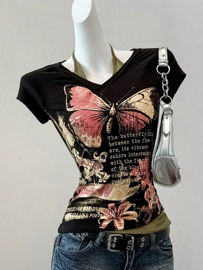 EZwear Grunge Goth Summer Western Vintage Butterfly Slogan Print Top