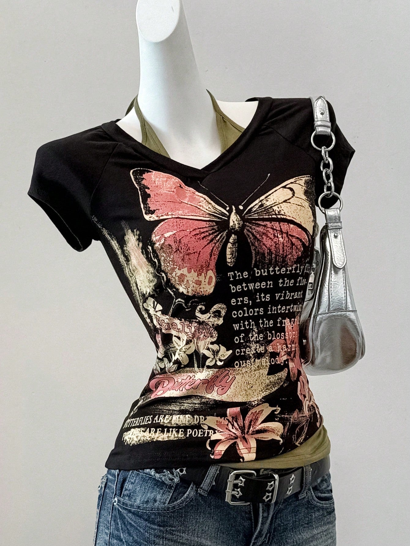 EZwear Grunge Goth Summer Western Vintage Butterfly Slogan Print Top
