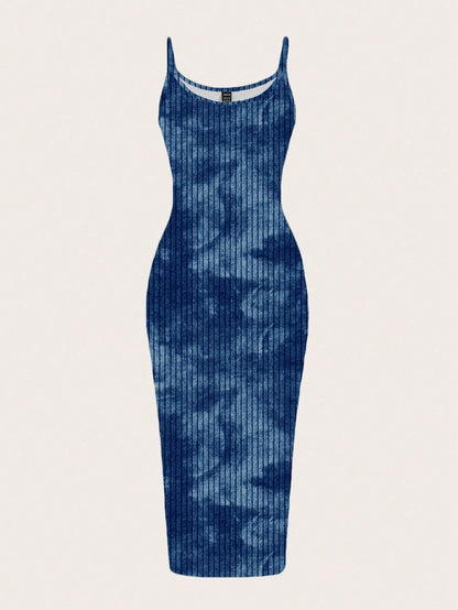 EZwear Navy Blue Summer Casual Tie-Dye Print Bodycon Maxi Dress,Minimalist Street Style Club Night Boho Clothes Women Midi Dress For Travel,Vacation