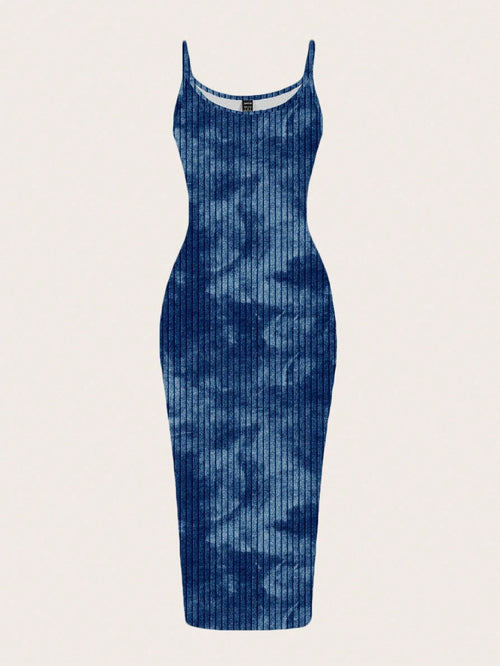 EZwear Navy Blue Summer Casual Tie-Dye Print Bodycon Maxi Dress,Minimalist Street Style Club Night Boho Clothes Women Midi Dress For Travel,Vacation