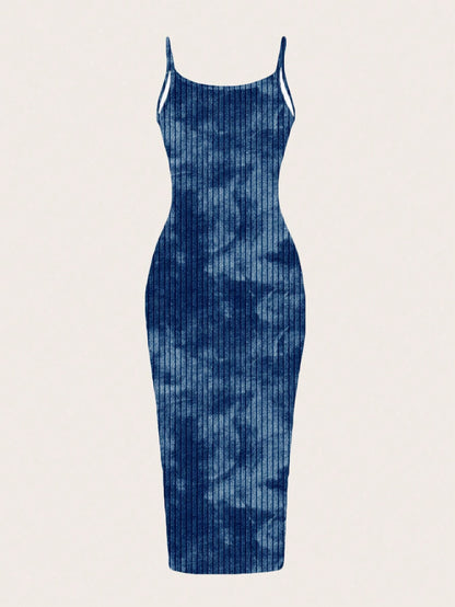 EZwear Navy Blue Summer Casual Tie-Dye Print Bodycon Maxi Dress,Minimalist Street Style Club Night Boho Clothes Women Midi Dress For Travel,Vacation