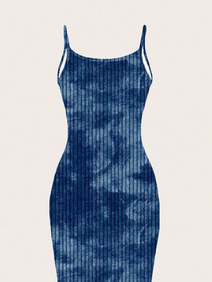 EZwear Navy Blue Summer Casual Tie-Dye Print Bodycon Maxi Dress,Minimalist Street Style Club Night Boho Clothes Women Midi Dress For Travel,Vacation