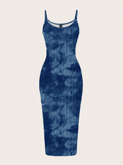 EZwear Navy Blue Summer Casual Tie-Dye Print Bodycon Maxi Dress,Minimalist Street Style Club Night Boho Clothes Women Midi Dress For Travel,Vacation