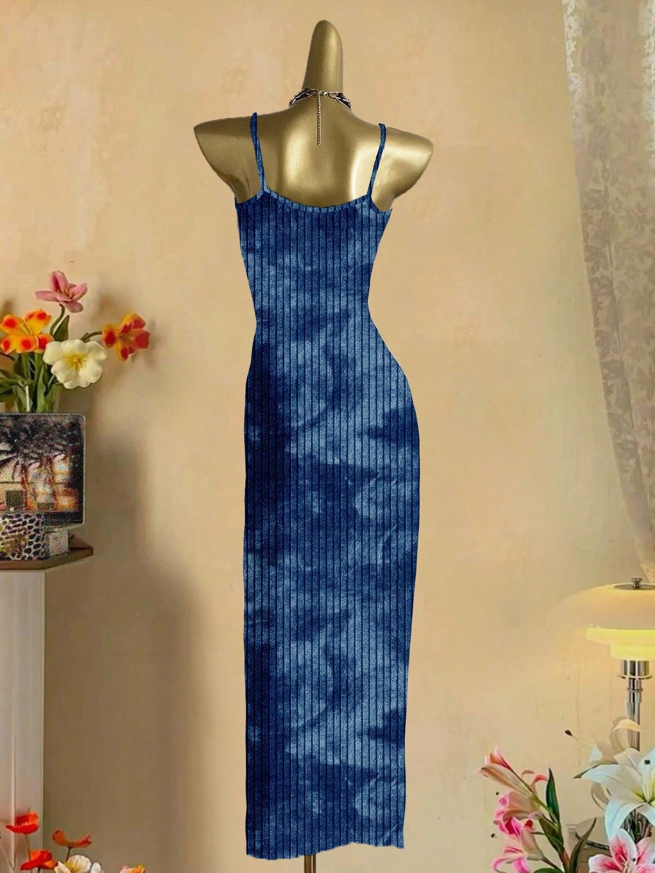 EZwear Navy Blue Summer Casual Tie-Dye Print Bodycon Maxi Dress,Minimalist Street Style Club Night Boho Clothes Women Midi Dress For Travel,Vacation