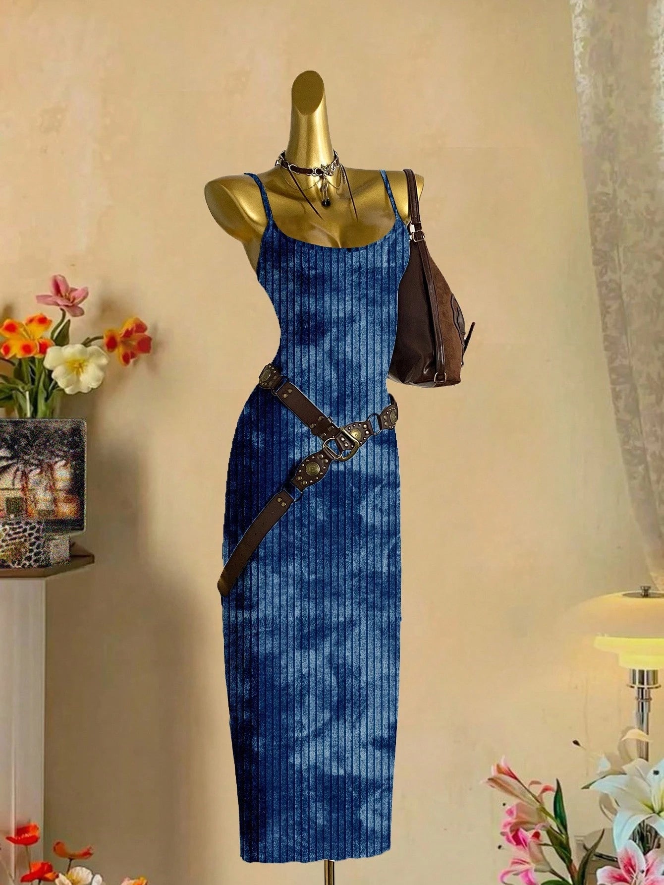 EZwear Navy Blue Summer Casual Tie-Dye Print Bodycon Maxi Dress,Minimalist Street Style Club Night Boho Clothes Women Midi Dress For Travel,Vacation