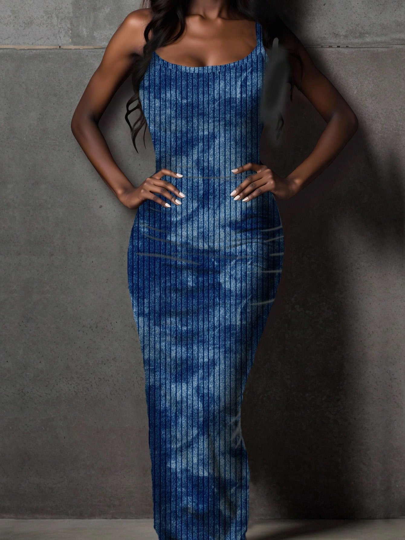 EZwear Navy Blue Summer Casual Tie-Dye Print Bodycon Maxi Dress,Minimalist Street Style Club Night Boho Clothes Women Midi Dress For Travel,Vacation