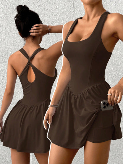 EZwear Solid Color Wide Strap Sporty Dress With Shorts Swimsuit For Women Brown Sundress Romper Summer Playsuit Beach Women's Tennis Clothes Playsuits