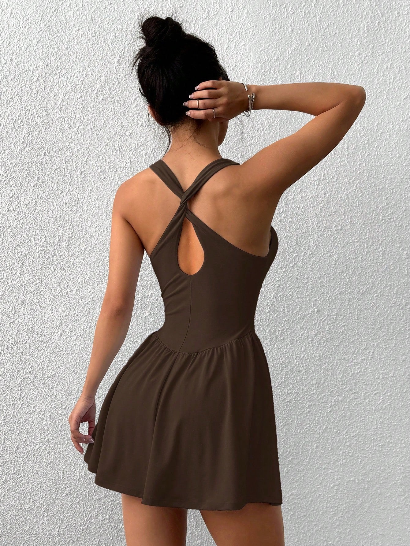 EZwear Solid Color Wide Strap Sporty Dress With Shorts Swimsuit For Women Brown Sundress Romper Summer Playsuit Beach Women's Tennis Clothes Playsuits