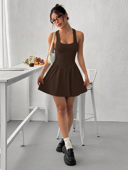 EZwear Solid Color Wide Strap Sporty Dress With Shorts Swimsuit For Women Brown Sundress Romper Summer Playsuit Beach Women's Tennis Clothes Playsuits