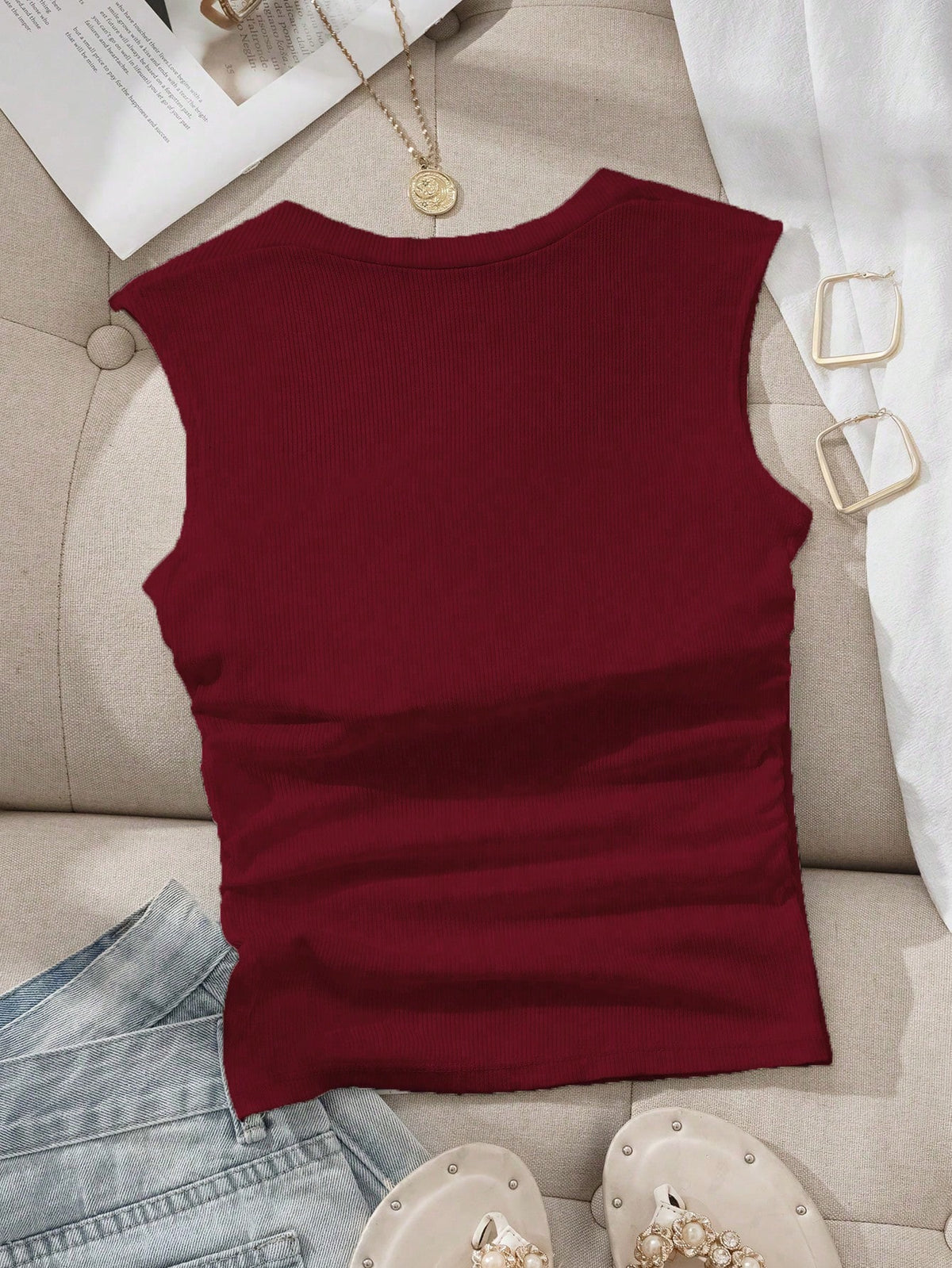 EZwear Square Neck Ruched Waist Padded Bra-Free Camisole,Summer Top
