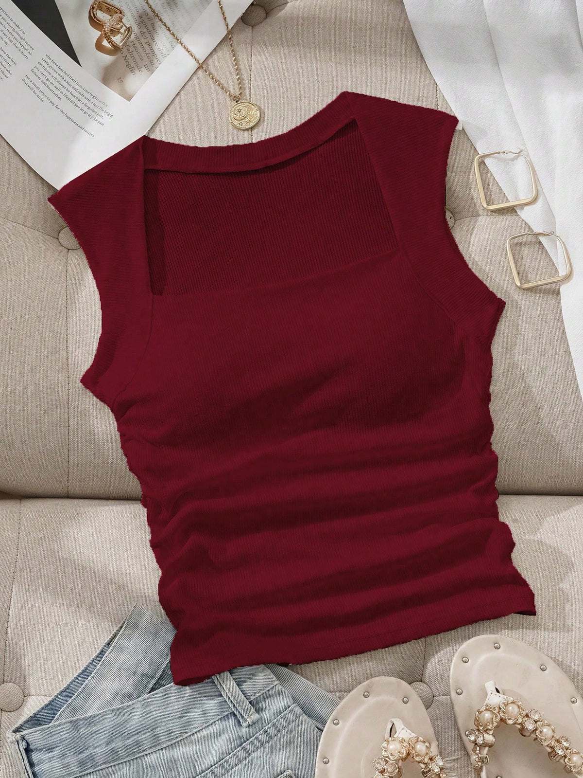 EZwear Square Neck Ruched Waist Padded Bra-Free Camisole,Summer Top