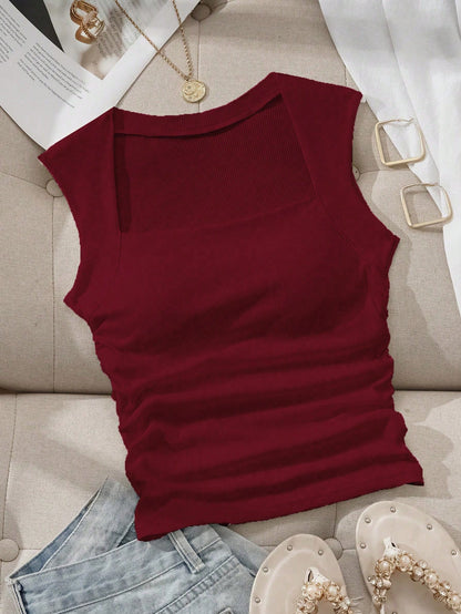 EZwear Square Neck Ruched Waist Padded Bra-Free Camisole,Summer Top