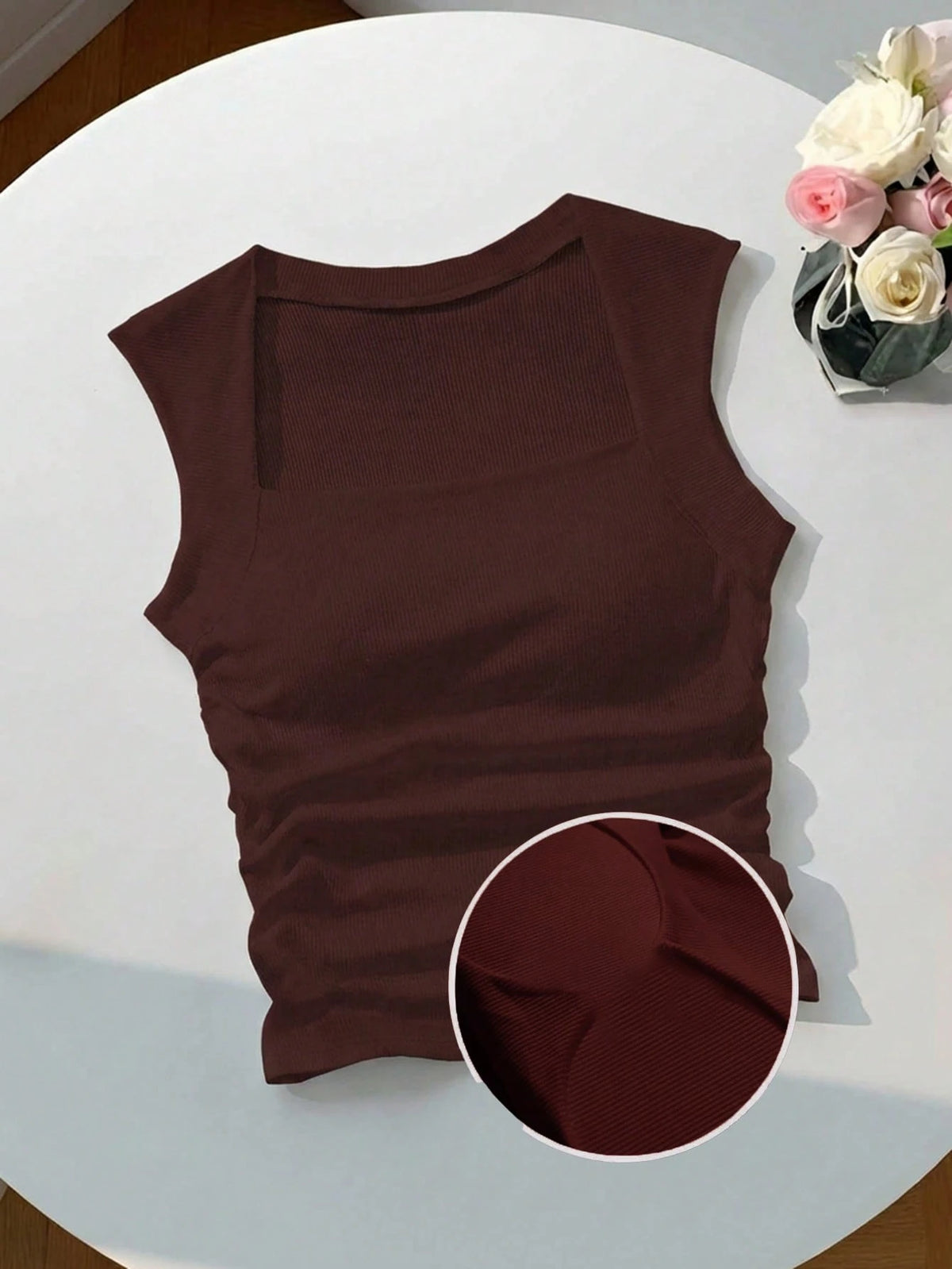 EZwear Square Neck Ruched Waist Padded Bra-Free Camisole,Summer Top