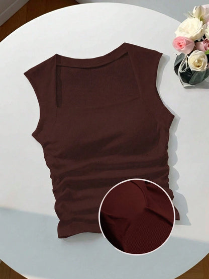 EZwear Square Neck Ruched Waist Padded Bra-Free Camisole,Summer Top