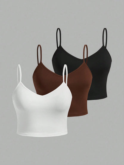 EZwear Women 3pcs Casual Solid Color Cami Top Suit, Suitable For Summer, Slimming Plus Size Cami Top For Women Back To School