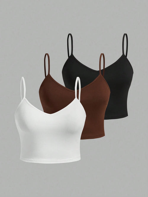 EZwear Women 3pcs Casual Solid Color Cami Top Suit, Suitable For Summer, Slimming Plus Size Cami Top For Women Back To School