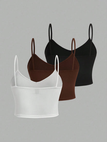 EZwear Women 3pcs Casual Solid Color Cami Top Suit, Suitable For Summer, Slimming Plus Size Cami Top For Women Back To School