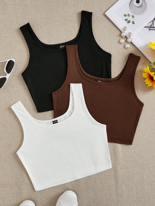 EZwear Women's 3pcs Black White Gray Super Short Tight Casual Basic Tank Top, Suitable For Summer Back To School