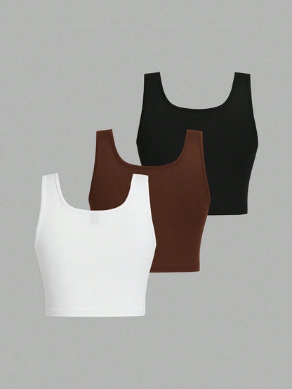 EZwear Women's 3pcs Black White Gray Super Short Tight Casual Basic Tank Top, Suitable For Summer Back To School