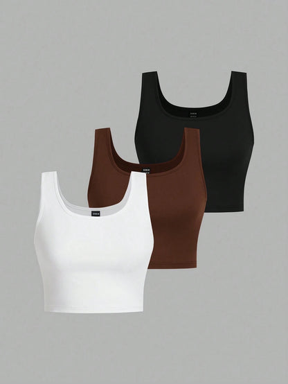 EZwear Women's 3pcs Black White Gray Super Short Tight Casual Basic Tank Top, Suitable For Summer Back To School