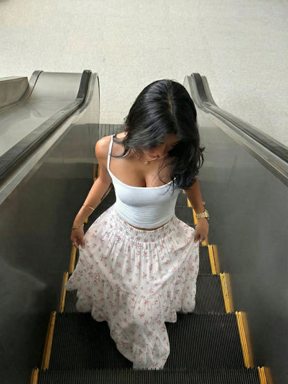 EZwear Women's Pink Floral Print Boho Tiered Skirt With Ruffle Hem Woven Fabric Vacation Woman Skirt Long Floral Skirt