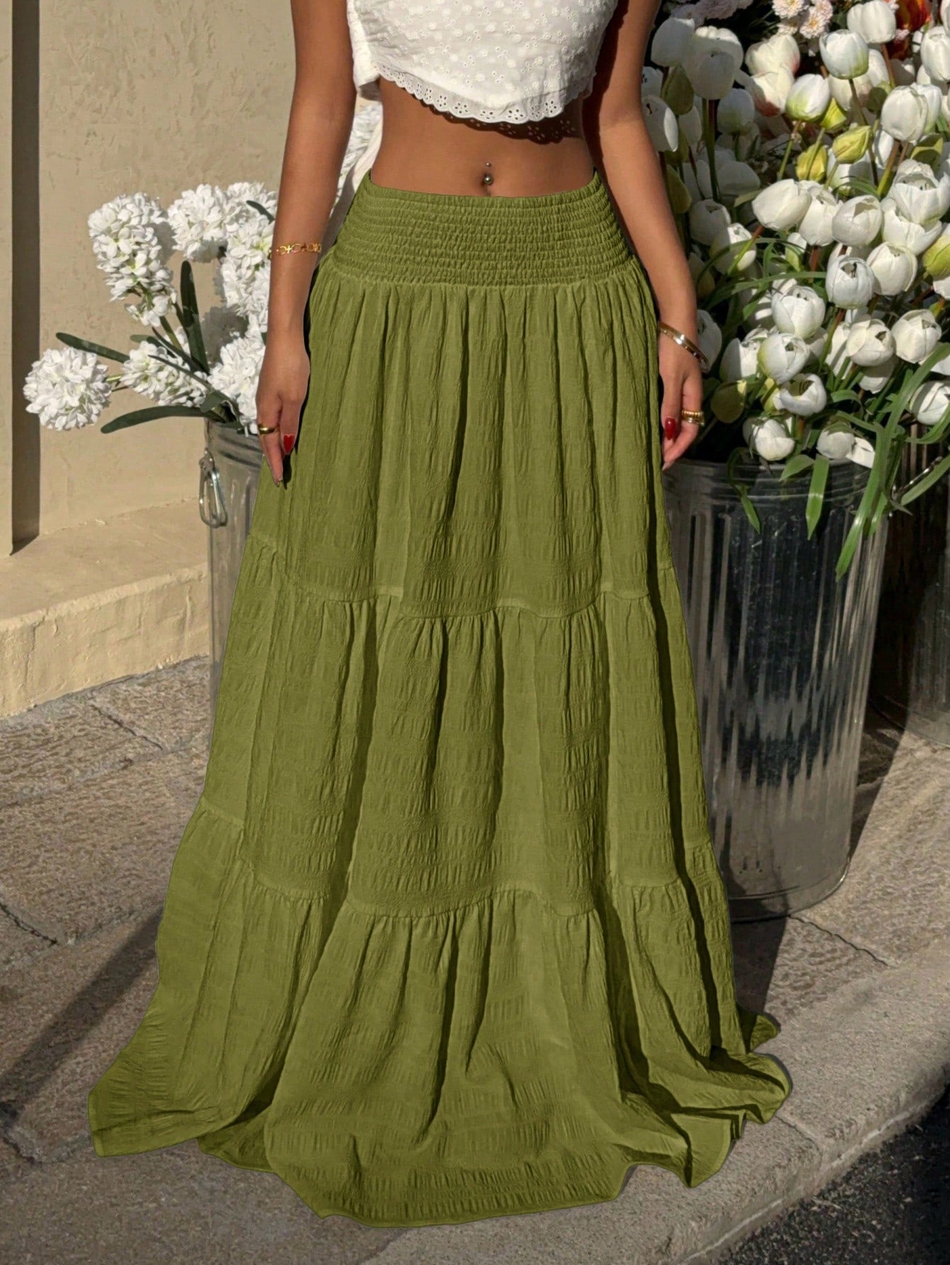 EZwear Women's Solid Color Ruffle Hem Casual Vacation Skirt