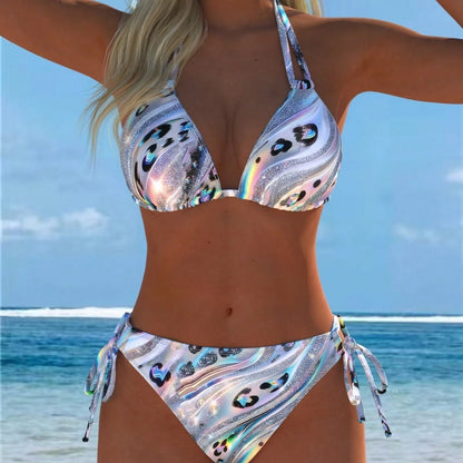 Fashion Patchwork Halter Bikini Summer Women Vacation Two Piece Swimsuit