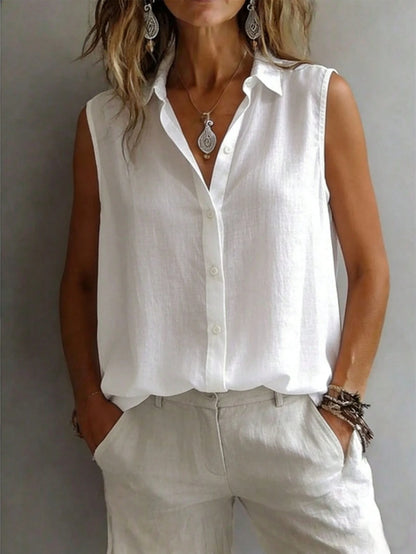 Fashionable Sleeveless Lapel Shirt Women, Versatile Loose Casual Commuter Tank Top, Solid Color Button Front, Daily Wear White Summer, Chic & Elegant