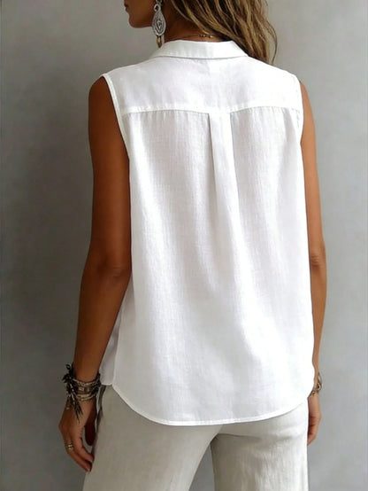 Fashionable Sleeveless Lapel Shirt Women, Versatile Loose Casual Commuter Tank Top, Solid Color Button Front, Daily Wear White Summer, Chic & Elegant