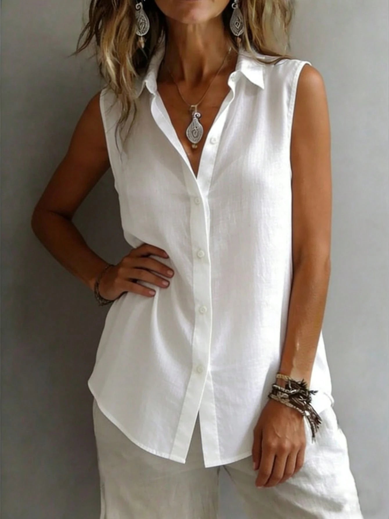 Fashionable Sleeveless Lapel Shirt Women, Versatile Loose Casual Commuter Tank Top, Solid Color Button Front, Daily Wear White Summer, Chic & Elegant
