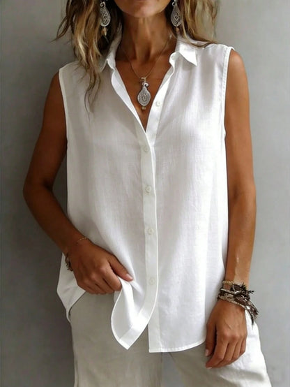Fashionable Sleeveless Lapel Shirt Women, Versatile Loose Casual Commuter Tank Top, Solid Color Button Front, Daily Wear White Summer, Chic & Elegant