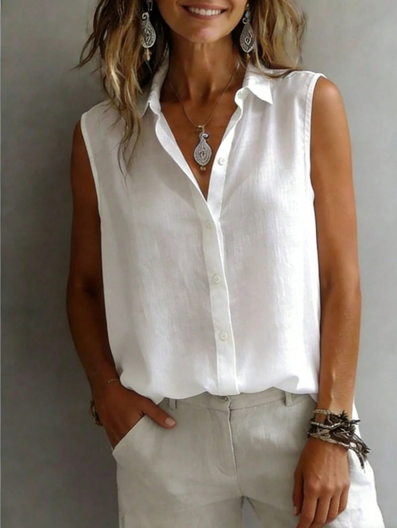 Fashionable Sleeveless Lapel Shirt Women, Versatile Loose Casual Commuter Tank Top, Solid Color Button Front, Daily Wear White Summer, Chic & Elegant