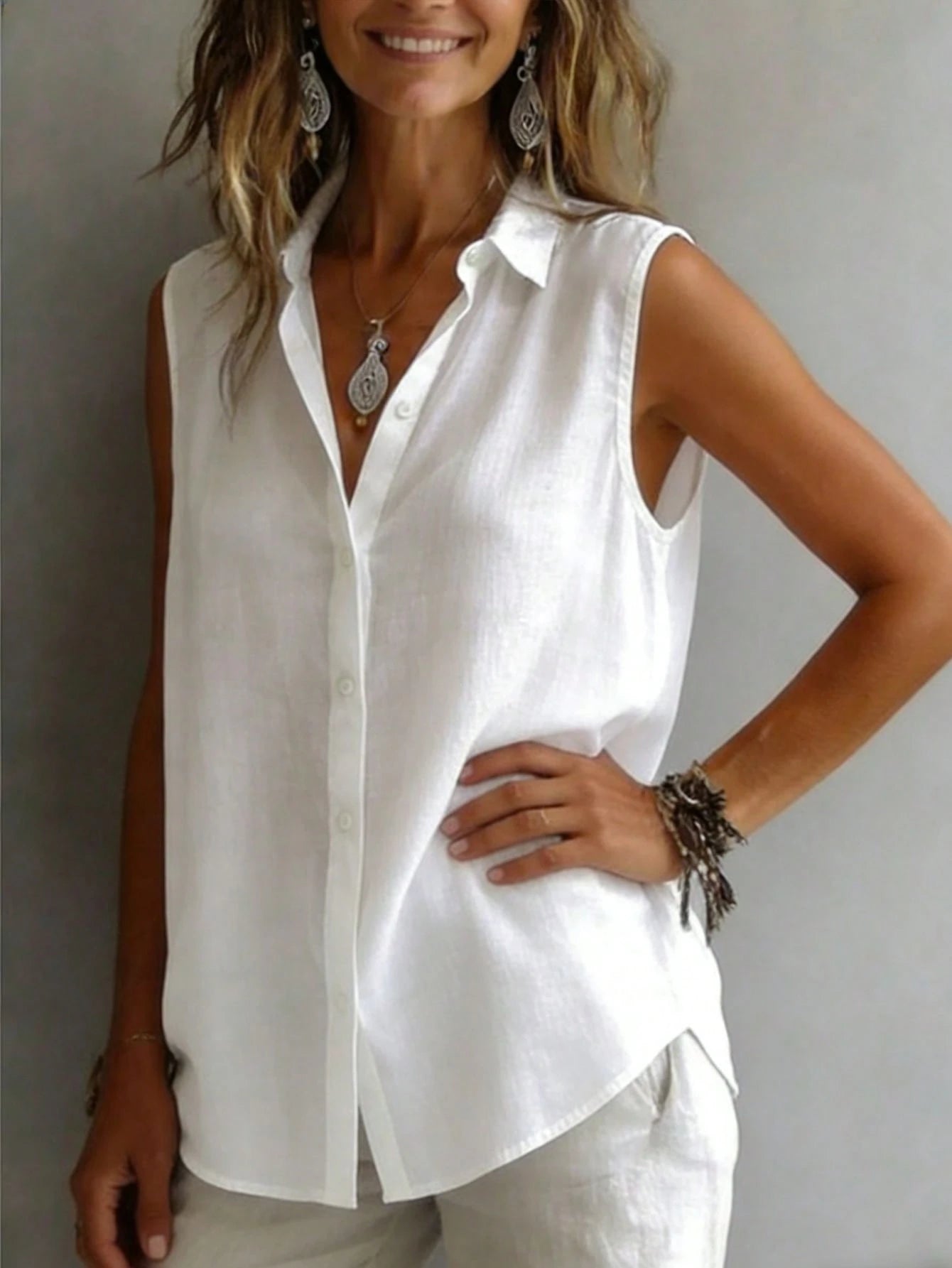 Fashionable Sleeveless Lapel Shirt Women, Versatile Loose Casual Commuter Tank Top, Solid Color Button Front, Daily Wear White Summer, Chic & Elegant