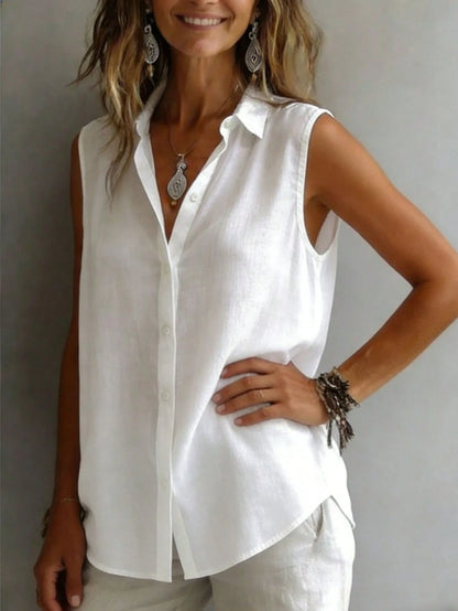 Fashionable Sleeveless Lapel Shirt Women, Versatile Loose Casual Commuter Tank Top, Solid Color Button Front, Daily Wear White Summer, Chic & Elegant