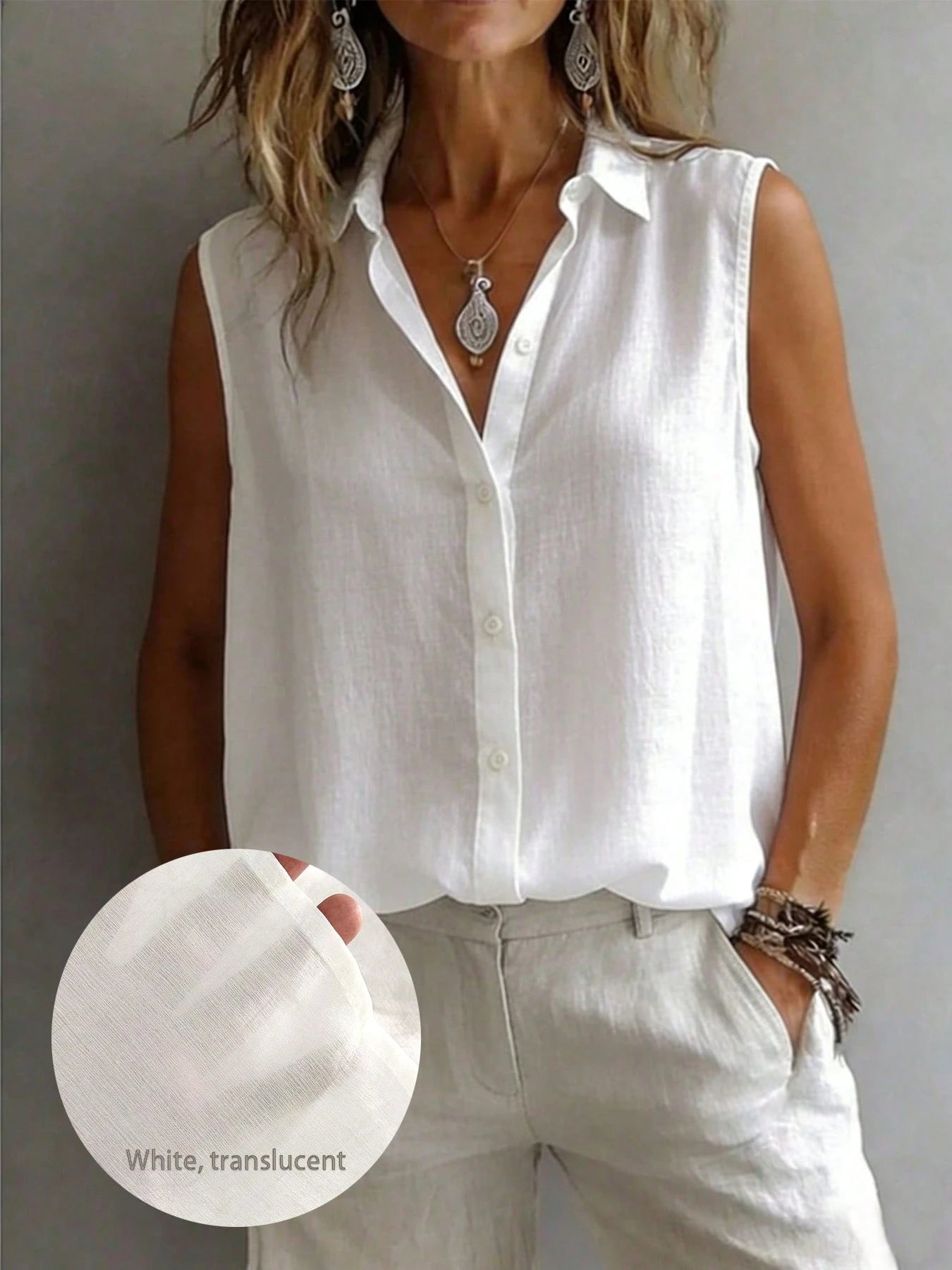 Fashionable Sleeveless Lapel Shirt Women, Versatile Loose Casual Commuter Tank Top, Solid Color Button Front, Daily Wear White Summer, Chic & Elegant