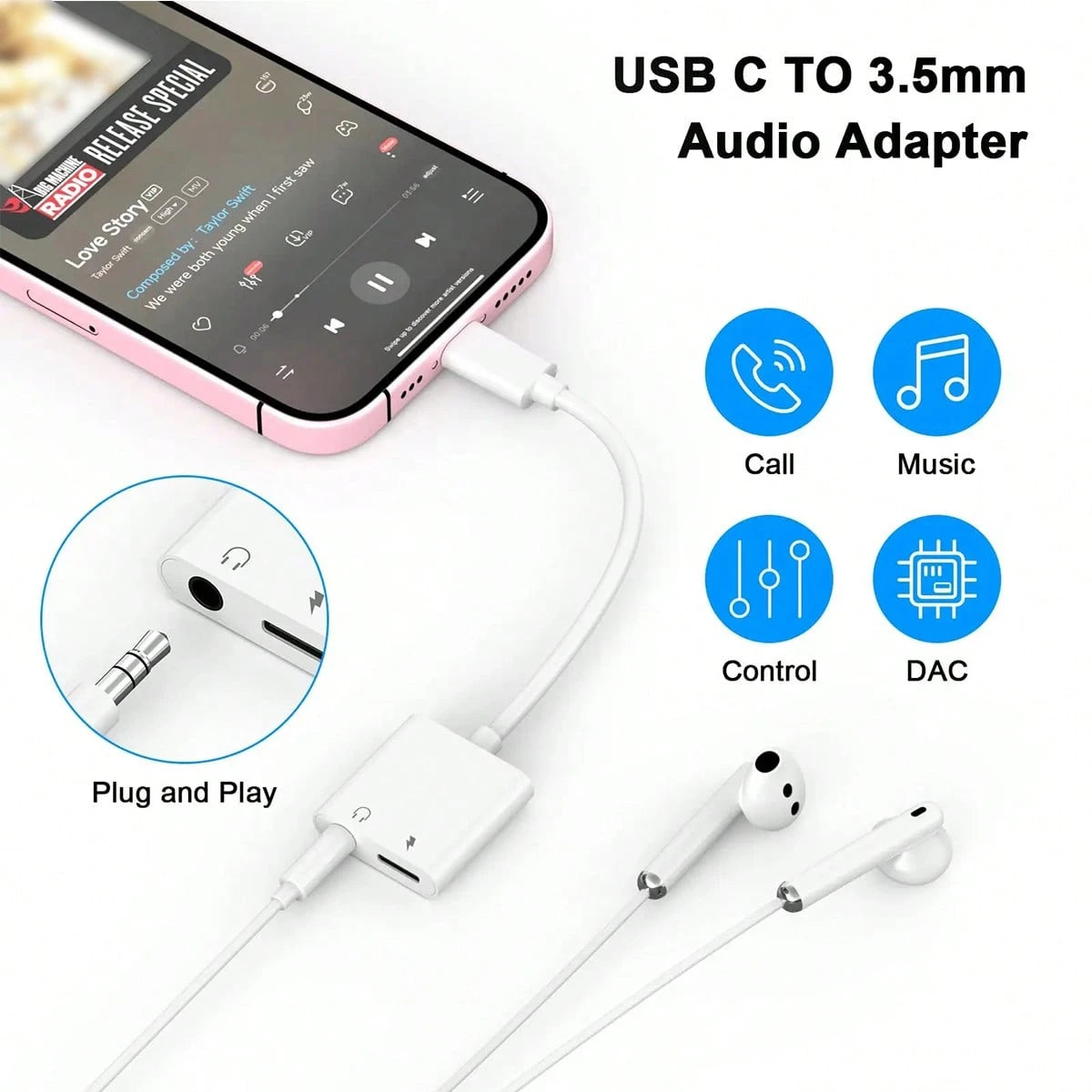 Fast Charging Type-C Audio Charging Adapter 2-In-1 Type C To 3.5mm/Type C Audio Auxiliary Cable Charging Adapter Compatible With IPhone 17 Pro Max/17 Pro/17/16/15 Pro Max/15 Pro/15 Plus/15 Earphone Co