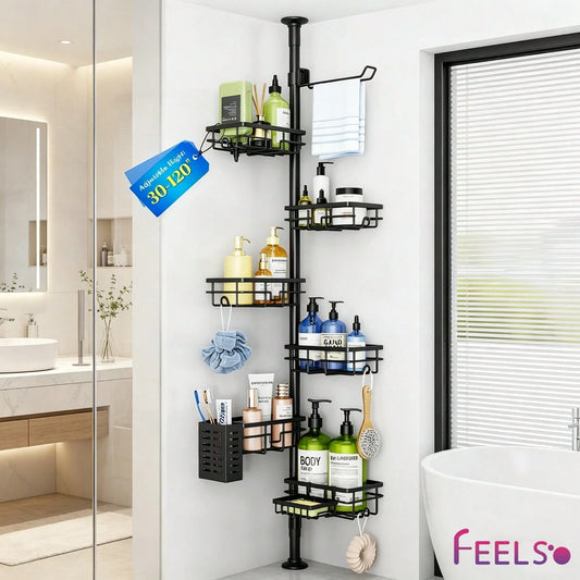 FEELSO Corner Shower Caddy Tension Pole, Adjustable 30-120 Inch Bathroom Organizer Storage, Rustproof 6-Tier Shower Corner Shelves, Towel Rack, Toothbrush Holder, Soap Dish Organizers