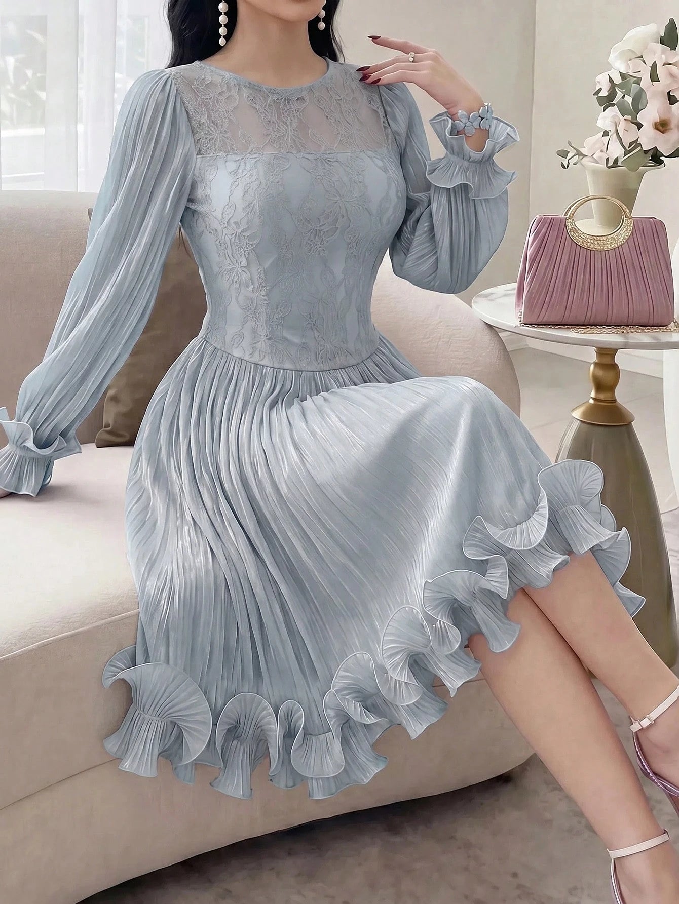 Feyla New Autumn Long Sleeve Romantic Ruffle Elegant Elegant Lace Patchwork Romantic Vacation Party Dress Light Blue