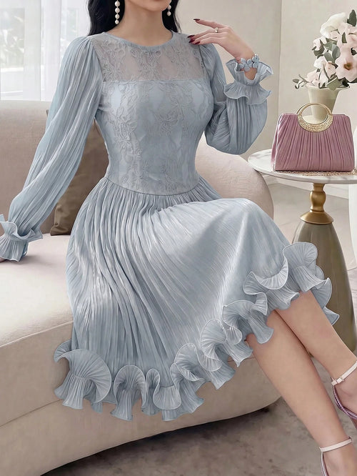 Feyla New Autumn Long Sleeve Romantic Ruffle Elegant Elegant Lace Patchwork Romantic Vacation Party Dress Light Blue