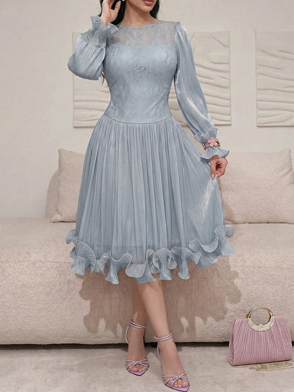 Feyla New Autumn Long Sleeve Romantic Ruffle Elegant Elegant Lace Patchwork Romantic Vacation Party Dress Light Blue